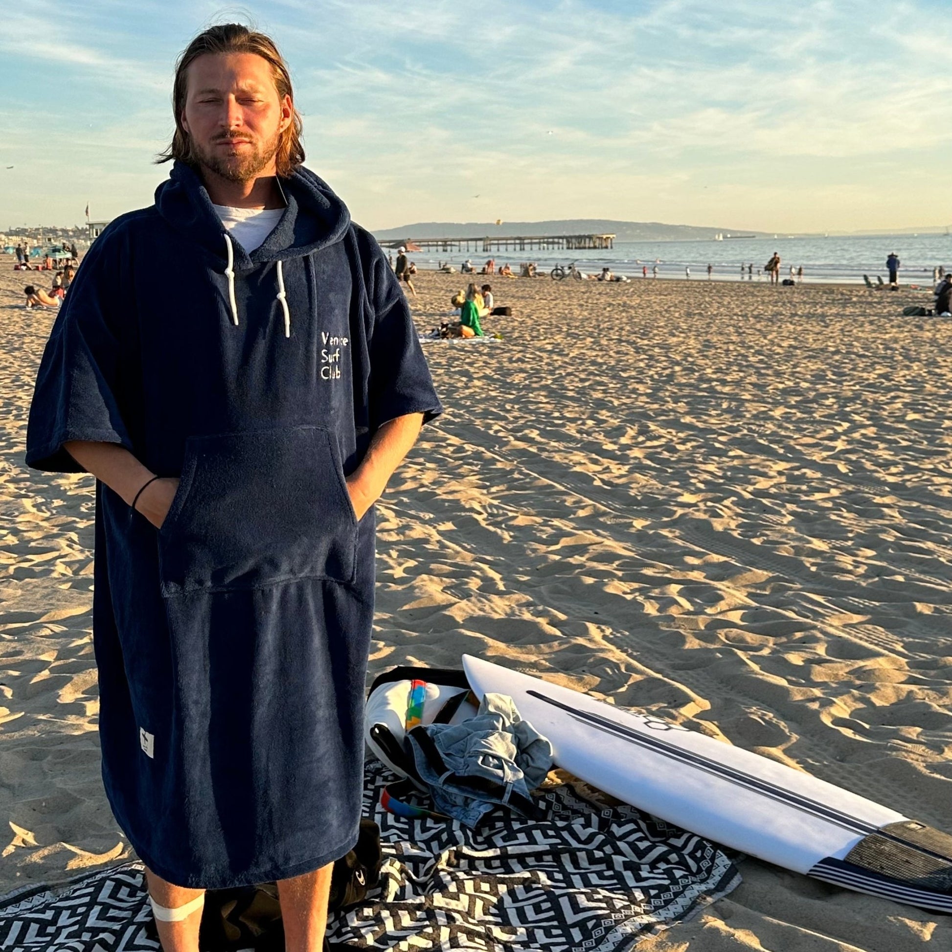 50% Cotton 50% Microfiber Premium Surf Poncho, Wetsuit Changing Beach Robe with Hood and Pocket - Venice Surf Club