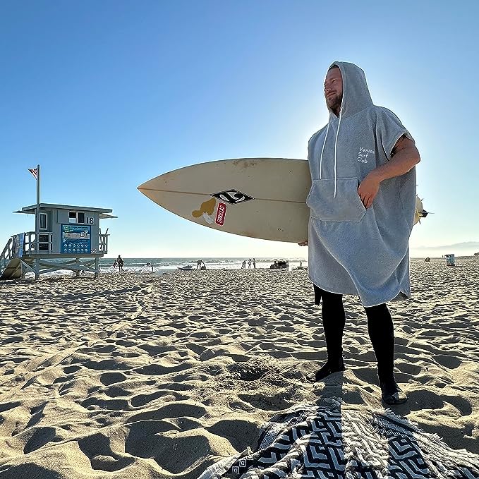 50% Cotton 50% Microfiber Premium Surf Poncho, Wetsuit Changing Beach Robe with Hood and Pocket - Venice Surf Club